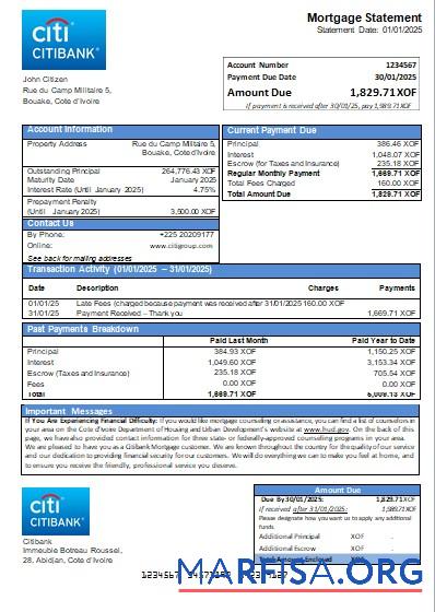 Blank Cote d’Ivoire Citibank bank mortgage statement scr real example